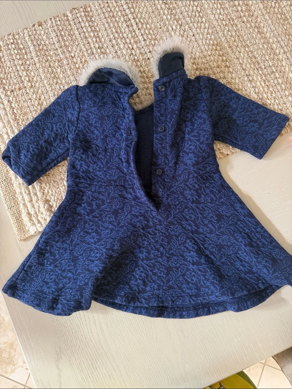 Janie and Jack Navy Patterned Coat with Faux Fur Trim